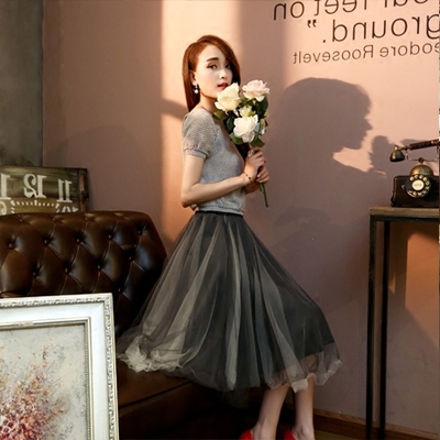 两件套连衣裙韩版短袖中长款修身显瘦女夏季时尚网纱蓬蓬套装裙潮