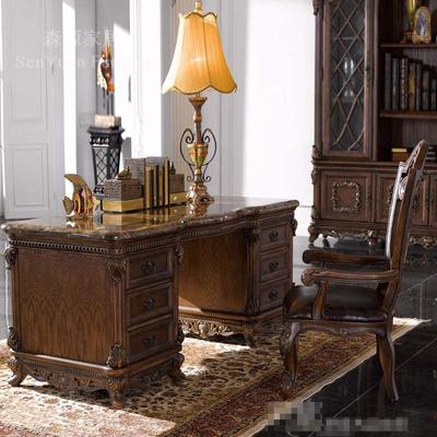 欧美式古典家具 高档大理石书桌 纯手工实木雕花写字台大书桌书柜