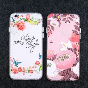 夏季花苹果6s手机壳iPhone6plus全包软边4.7寸透明浮雕6s保护套女