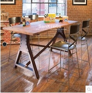 北欧 美式乡村 铁艺餐桌椅组合 实木咖啡桌椅 复古做旧吧台桌椅