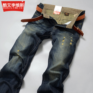 正品酷艾李维斯品牌破洞jeans修身直筒牛仔裤男春夏款小直脚裤潮
