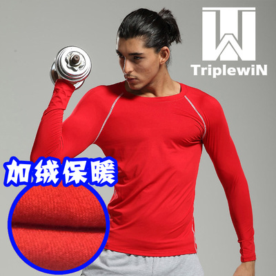 低领加薄绒加厚速干透气弹力打底健身足球长袖T恤男运动紧身衣红