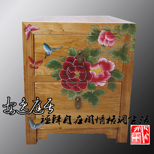 新中式实木彩绘做旧仿古典木色床头柜