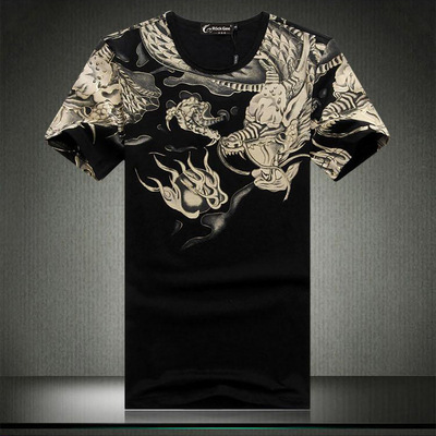 洛肯奇 2015夏季霸气短袖T恤中国风潮男龙图案纹身烫金加大码半袖