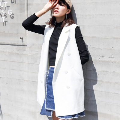 原创气质女装2016秋季新款韩版双排扣字母后背镂空雪纺长款马甲潮