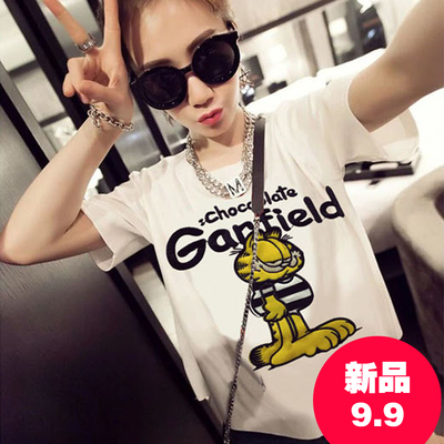 夏装新款韩版九块九女装卡通加菲猫印花图案大码打底衫短袖9.9t恤