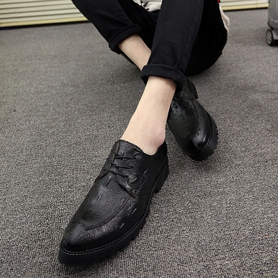 英伦系带厚底增高休闲小皮鞋韩版男士黑色发型师尖头时尚男鞋夏季