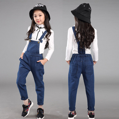 女童春装套装2016新款韩版纯棉中大童长袖打底衫牛仔背带裤两件套