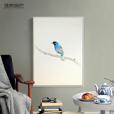 简约现代蓝色的鸟挂画 书房手绘线稿肌理摆台 国外写实花鸟装饰画