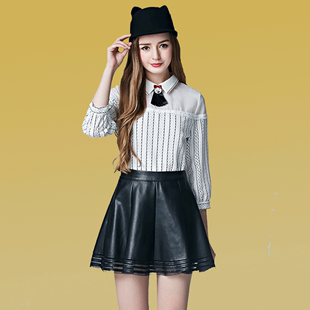 2015年秋季女士小衫新款韩版条纹T恤翻领七分袖上衣打底衫女潮
