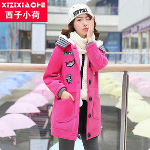 2016年少女冬装外套 新款韩版中学生连帽长袖毛呢外套宽松大衣女