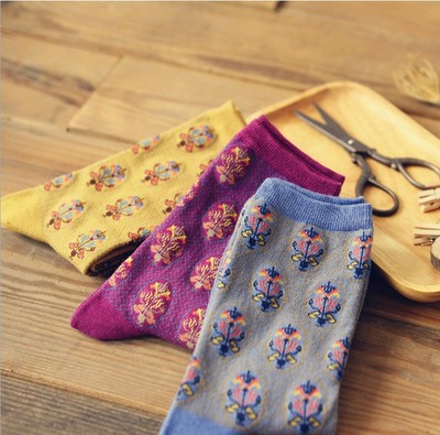 【4双包邮】2015春款caramella女士棉袜提花彩色复古花民族风