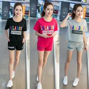 韩版2016夏季休闲套装学生大码女士短袖上衣短裤两件套显瘦运动服