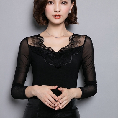 2016新款秋冬韩版黑色长袖拼接蕾丝打底衫t恤修身显瘦女上衣