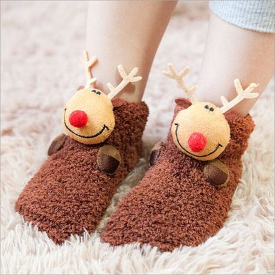 冬季创意袜子卡通动物头圣诞婴儿童防滑加绒加厚宝宝地板袜1-3岁