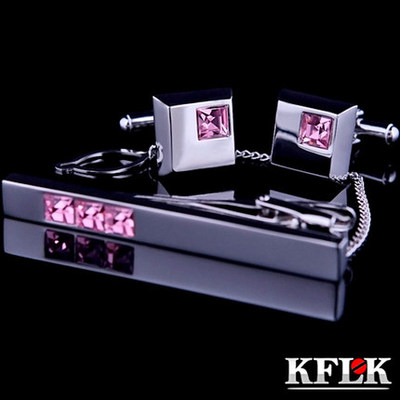 包邮礼盒装KFLK水晶袖扣领带夹袖钉套装男士高档商务4色Tie Clip
