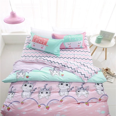 欧美大牌专柜正品  猫咪图案粉色床上用品 卡通四件套 床单式双人