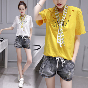 2016夏装新款韩版女装镂空短袖T恤上衣牛仔短裤两件套女休闲套装