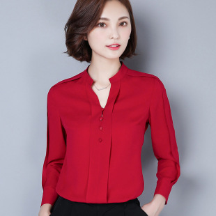 特价领红色宽松白色长袖秋装新款修身套头韩版常规 雪纺衫女士