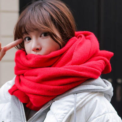 韩版纯色针织毛线围巾女冬季披肩两用情侣围巾男长款冬天加厚保暖