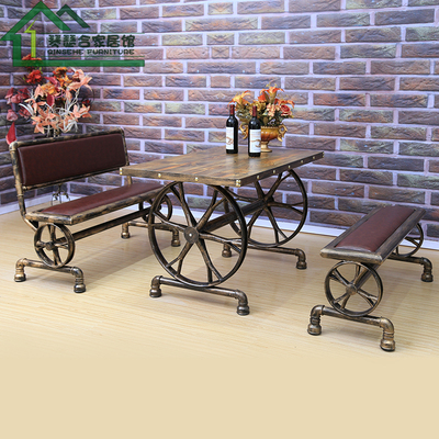 美式复古铁艺火烧木实木酒吧户外餐桌椅组合奶茶店咖啡厅车轮桌椅