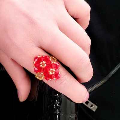 DIY水晶串珠纯手工制作个性首配饰双花戒指编织多色指环女饰品