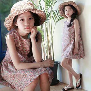童装2016韩版夏季女童碎花薄款无袖连衣裙中大儿童纯棉沙滩公主裙