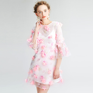 2016夏季新款女装 欧根纱立体装饰绣花 修身喇叭袖连衣裙 两件套