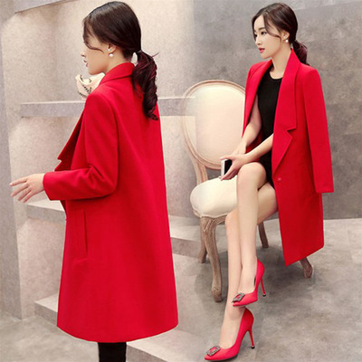 2016秋季装新款韩版修身女装红色毛呢大衣中长款女款长袖毛呢外套