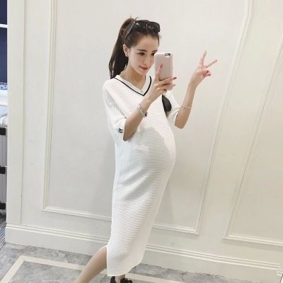 孕妇装夏季新款2016韩版简约V领气质短袖中长款棉质孕妇裙