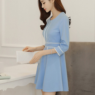 2016新款韩版精品系列修身七分袖打底连衣裙夏 中长款高腰公主裙