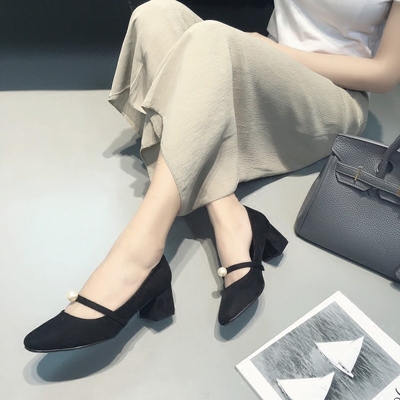 2016新韩版名媛淑女范珍珠真皮羊皮方头浅口绒面高跟鞋粗跟单鞋女