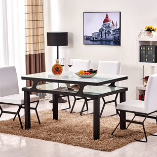 简约现代钢化玻璃双层餐桌 饭桌客厅餐桌椅组合 金属黑白色餐桌椅
