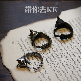 台湾设计师KOPO METAL环抱小猫戒指金银黑三色3D立体宠物猫咪形状