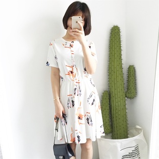 韩国代购2016年夏季修身显瘦牛奶丝印花裙子夏小清新中长款连衣裙