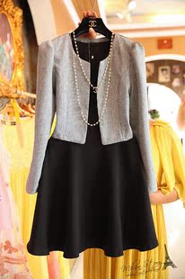2015韩国秋装新款泡泡袖开衫外套收腰背心连衣裙显瘦套装