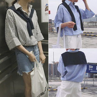 2016夏季新款韩版宽松显瘦百搭条纹中袖棉麻衬衫披肩式绑带上衣女