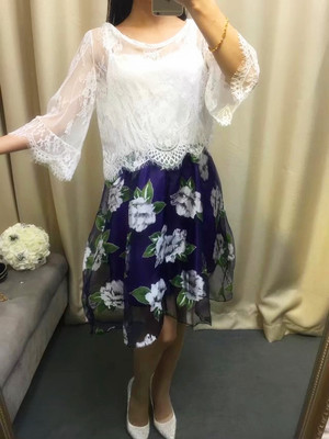 2017夏季新款套装裙甜美蕾丝拼接印花中袖连衣裙女欧根纱两件套
