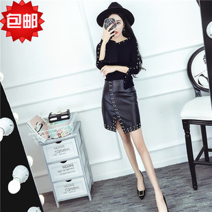 2016秋装新款韩版重工钉珠黑色时尚T恤衫+包臀皮短裙两件套装女潮