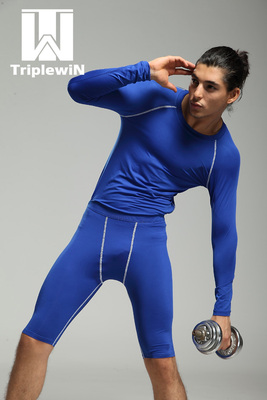 打底速干透气弹力运动健身篮球足球男紧身衣铲球中裤子4色套装蓝