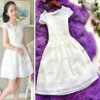 B2926 裙子 夏 连衣裙 白色欧根纱蕾丝 短袖公主裙 收腰甜美品质