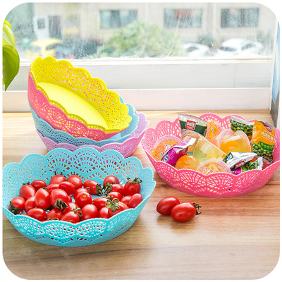 创意炫彩镂空花边时尚水果盘糖果盘客厅零食盘塑料水果篮干果盘子
