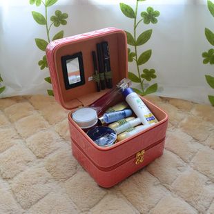 韩国漆皮菱格双层化妆箱 多功能化妆品收纳包 首饰盒 隔层化妆包