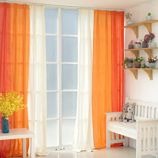 田园风格橙色拼接棉麻布艺窗帘成品 半遮光定制卧室客厅渐变窗帘