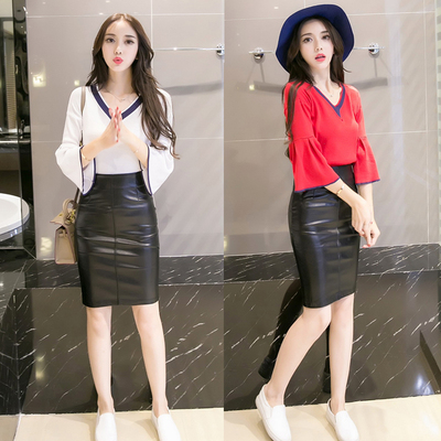 2016秋季韩版新款修身显瘦V领针织上衣+包臀修身显瘦皮裙套装潮