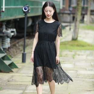 秋季女装中长款黑色镂空蕾丝连衣裙 韩版淑女修身显瘦短袖打底裙
