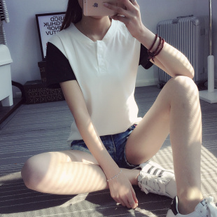 2016新款韩版学生显瘦立领纽扣拼色宽松大码中长款短袖T恤女夏潮