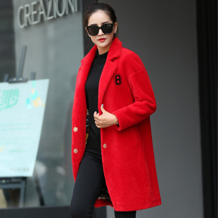 2016新款红色羊剪绒皮毛一体外套女中长款修身保暖羊毛皮草大衣冬