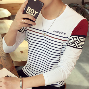 男装新款韩版修身时尚条纹长袖T恤男休闲圆领青少年大码T恤长袖潮