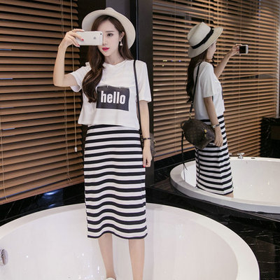 ZR2016夏季新款潮流气质女装 韩版字母印花短袖T恤条纹长裙两件套